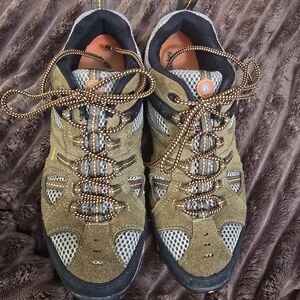 Merrell Men's Athletic Shoes - Brown and Biege Mesh with Black & Orange Sole.